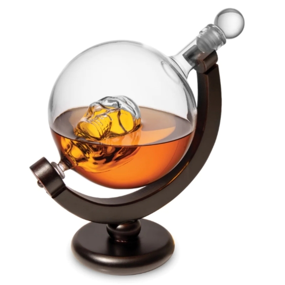 🆕 Godinger Whiskey Globe Skull Decanter Vertex Crystal Glass & Wood New In Box - Picture 1 of 10